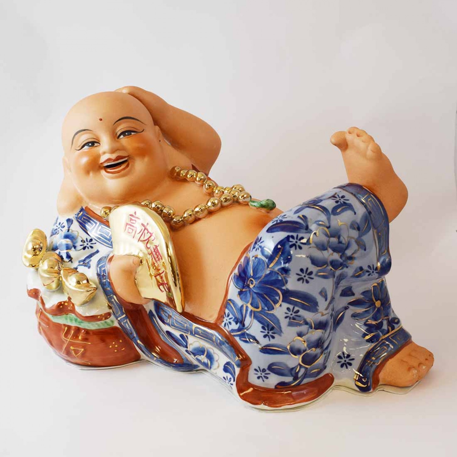 Big Size Porcelain Laughing Buddha in Blue robe with Fan and Ingot Lying on Wealth Bag Gold